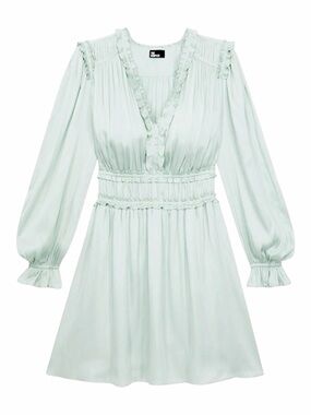 NWT! The Kooples Mint Green Satin Ruffled V-Neck Long Sleeve Mini Dress. Small.